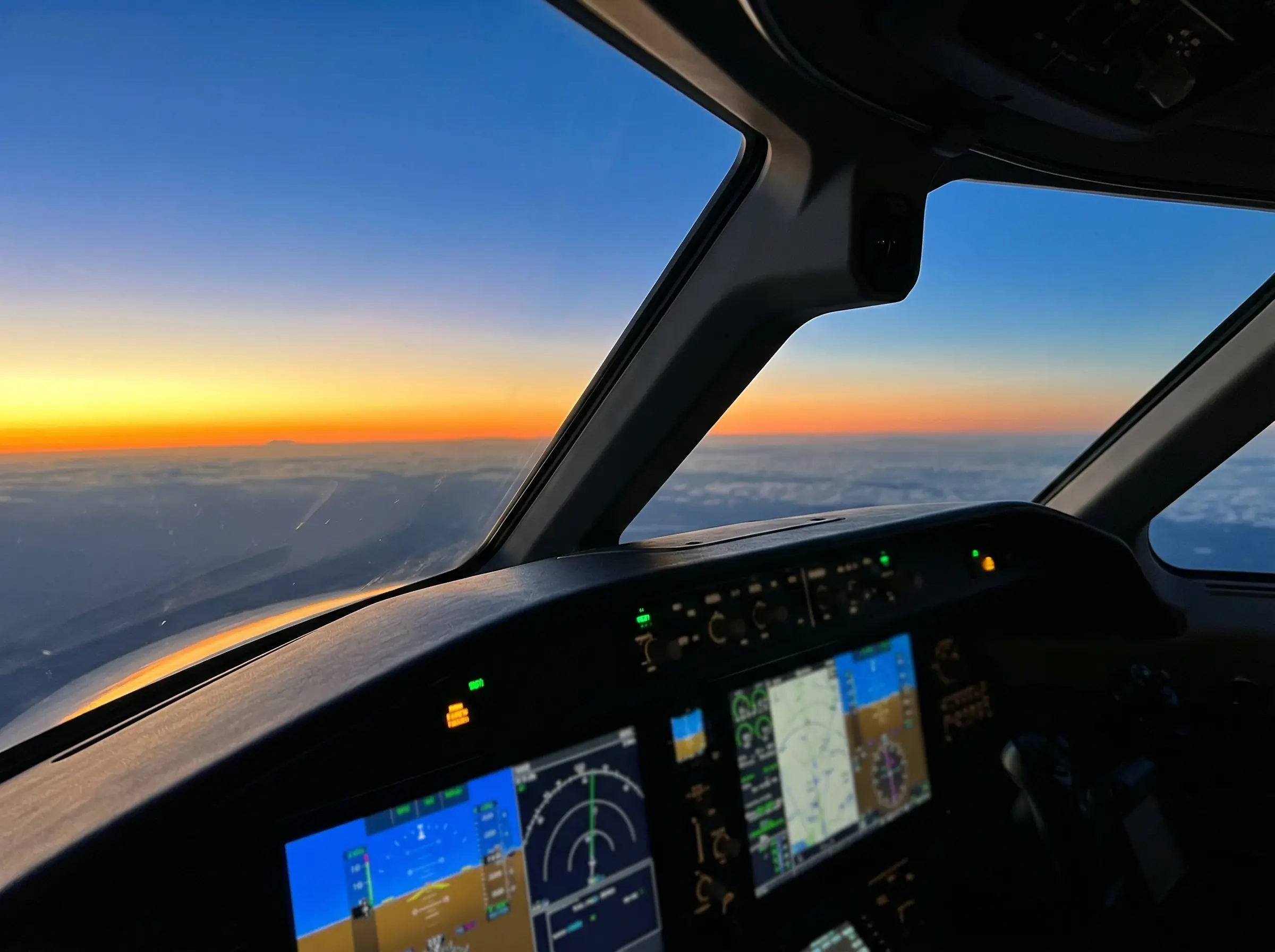 Sunset view from private jet cockpit