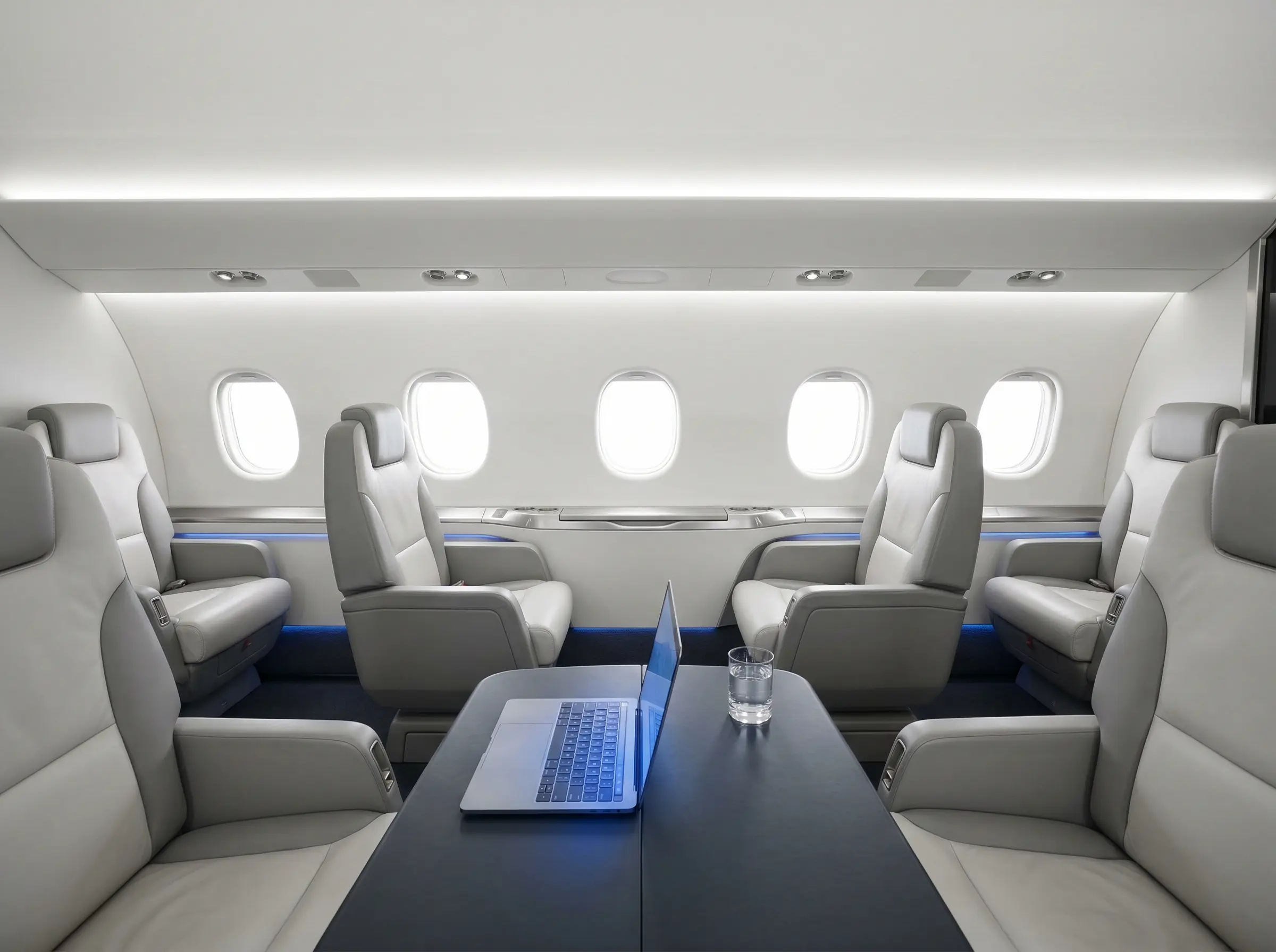 Modern jet cabin interior with digital displays